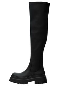 Botas negras por encima de la rodilla de cuero suave, con una suela de plataforma gruesa, paneles laterales elásticos y detalles de costura mínimos.