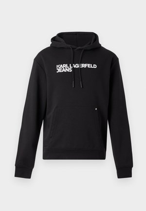 Black hoodie made of soft fabric, featuring a kangaroo pocket and drawstring hood. "KARL LAGERFELD JEANS" printed in white across the chest.