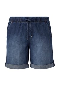 Shorts en denim bleu foncé, avec une ceinture élastique dotée d'un cordon de serrage, des revers roulés et deux poches latérales. Texture lisse.