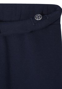 Navy blue cotton pants with a smooth texture, featuring a button closure on a folded waistband and a simple, classic design.