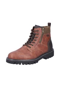 Bruine leren enkelboot met een gestructureerde afwerking, vetersluiting aan de voorkant, zijrits en rubberen zool met diepe profiel. Wolachtig materiaal bij de kraag.