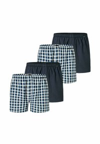 Quattro paia di boxer da uomo in blu navy e con un motivo a scacchi bianchi, dotati di cinturini elastici e realizzati in morbido cotone.