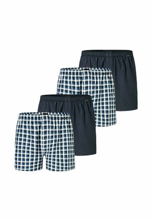 Vier Paare Männer-Boxershorts in navyblauen und weißen karierten Mustern, mit elastischen Taillenbändern und aus weichem Baumwollmaterial.
