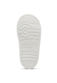 Suola di scarpa in gomma bianca con motivi rigati, un accento circolare e il nome del marchio "FalcoOtto" in rilievo per una texture particolare.