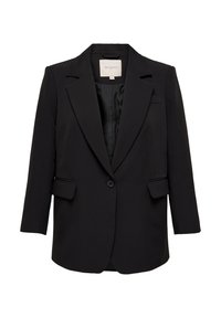 Blazer nero realizzato in tessuto morbido, con rever a punta, chiusura con un solo bottone e tasche frontali; silhouette strutturata, leggermente oversize.
