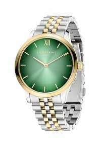 Montre LIEBESKIND avec un cadran en dégradé vert, des index horaires dorés et un bracelet en acier inoxydable bicolore avec des maillons en argent et en or.