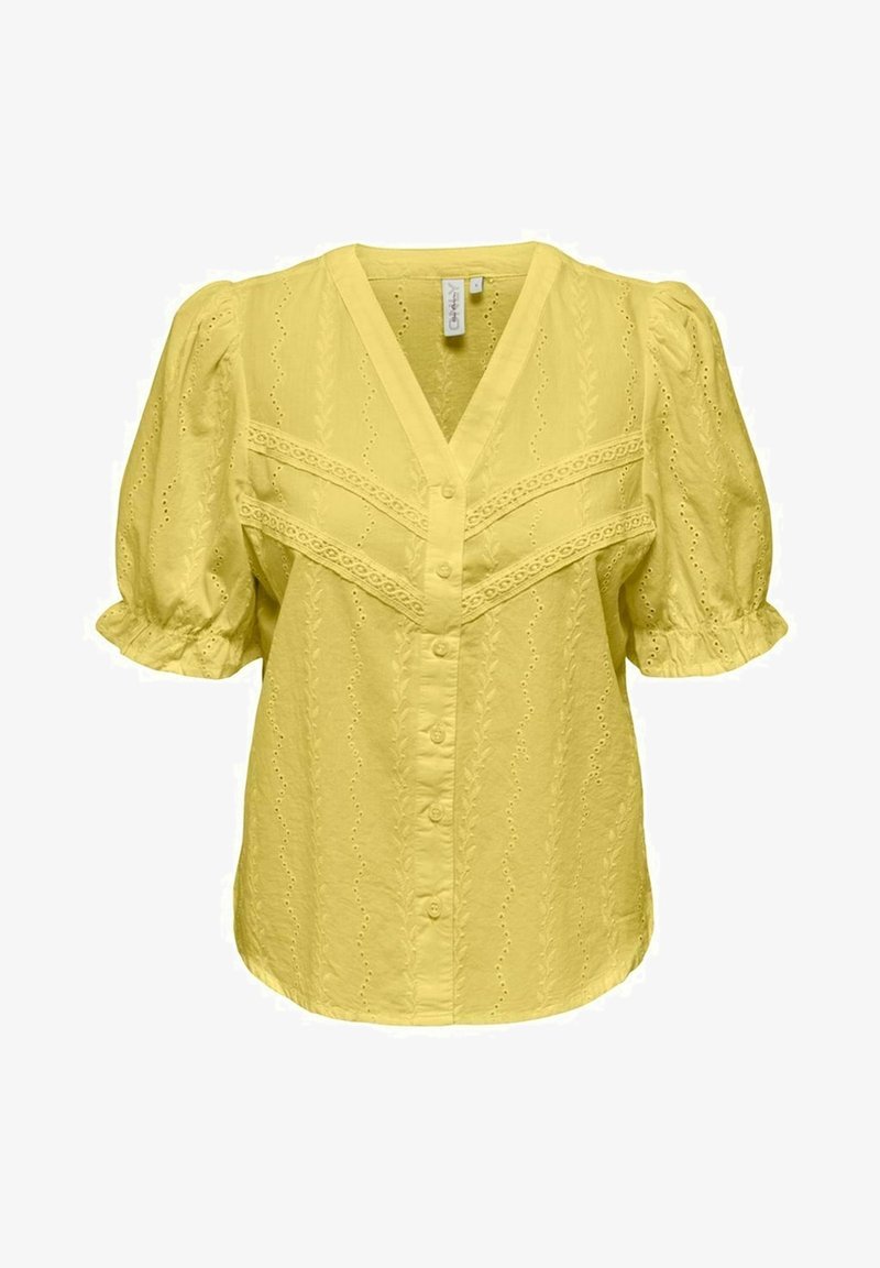 Gelbe Bluse mit V-Ausschnitt, kurzen Puffärmeln und Knopfleiste. Verfügt über Spitzenakzente und ein durchgehendes Durchbruchmuster.