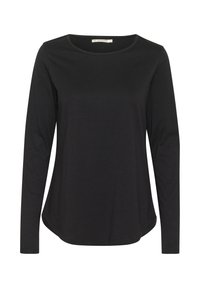 Schwarzes Langarmshirt mit rundem Ausschnitt. Aus weichem, glattem Stoff; hat eine lockere Passform und einen abgerundeten Saum.