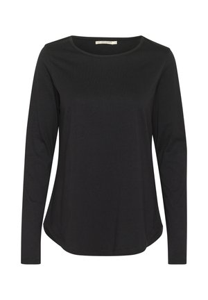 Camisa negra de manga larga con cuello redondo. Hecha de una tela suave y lisa; presenta un ajuste relajado y un dobladillo curvado.