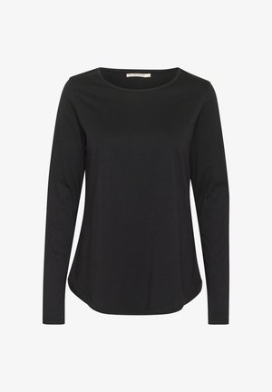 Camisa negra de manga larga con cuello redondo. Hecha de una tela suave y lisa; presenta un ajuste relajado y un dobladillo curvado.