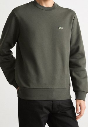 Man draagt een effen donker olijfgroene trui met lange mouwen en een klein groen krokodillenlogo op de borst, gecombineerd met zwarte broek.