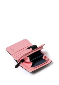 Compact pink wallet with a textured finish, multiple card slots, and a zippered compartment; interior features a dark geometric pattern.