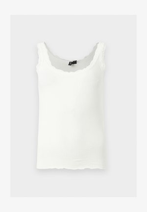 White ribbed tank top with lace-trimmed straps and scalloped edges, displayed against a light gray background.