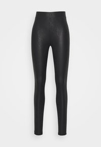 Svarta texturerade leggings med ett orm-liknande mönster, slät yta, hög midja och kroppsnära passform. Lämpliga för vardagsbruk eller träning.