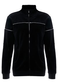 Schwarze Zip-Jacke aus weichem Samt. Mit hohem Kragen, weißem Akzentstreifen über der Brust und Seitentaschen.