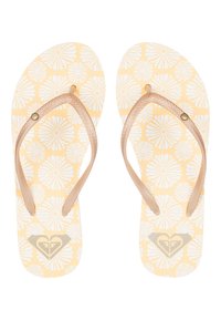 Gule flip-flops med hvitt blomstermønster, lysebrune gummistropper og en liten metallisk detalj nær stroppen. Hjerte-logo detaljer.