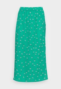 Grön ankellång kjol med elastisk midja, som har ett blommönster av små vita blommor med röda mittar och gröna stjälkar.
