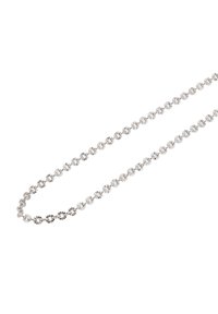 Sølv kædedesign med runde, blomsterprægede led, der har en poleret overflade, skiftevis med glatte, cirkulære perler.