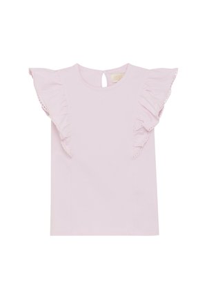Jasnoróżowa bluzka z krótkim rękawem, ozdobiona falbanami na rękawach oraz detalem na plecach w kształcie klucza. Wykonana z miękkiego materiału o gładkiej fakturze i prostym designie.