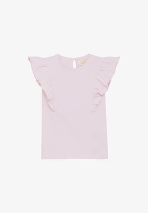 Haut rose clair à manches courtes avec des manches volantées et un détail dos en forme de goutte. Confectionné dans un tissu doux, avec une texture lisse et un design simple.