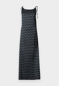 Melns satinēts kleita ar baltām pūtītes, regulējamiem siksniņām un brīvu pieguļošu formu. Gluda tekstūra; potīšu garuma dizains.