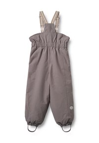 Szürke vízálló overál elasztikus derékkal, állítható csíkos vállpántokkal és elasztikus mandzsettákkal. A lábon kör alakú logó található.