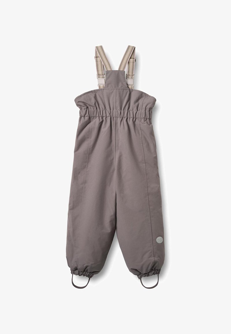 Grey water-resistant overalls with elastic waist, adjustable striped shoulder straps, and elastic cuffs. Features a circular logo on the leg.