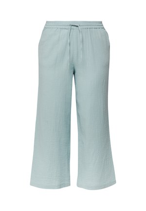 Lichtblauwe wijde broek met een elastische tailleband en verstelbare trekkoord, uitgevoerd in een gestructureerde stof met zijzakken.