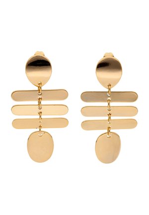 Orecchini pendenti in metallo color oro con una base rotonda, tre anelli ovali orizzontali e un pendente ovale più grande in fondo.