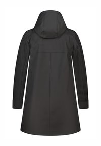 Zwarte waterdichte jas met een capuchon, lange mouwen en een rechte snit. Beschikt over naaddetails en heeft een eenvoudig, minimalistisch ontwerp.