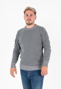 Maglione grigio lavorato a maglia con collo rotondo, maniche lunghe e bordi a coste; indossato con jeans blu su uno sfondo bianco uniforme.