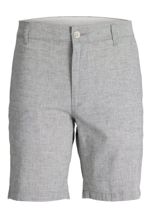 Light gray textured men's shorts with button closure, belt loops, and front pockets, displayed on a white background.