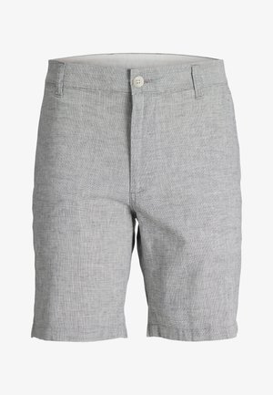 Ανδρικές κοντές βερμούδες σε ανοιχτό γκρι με υφή, με κουμπί κλεισίματος, θηλιές για ζώνη και εμπρόσθιες τσέπες, εμφανίζονται σε λευκό φόντο.