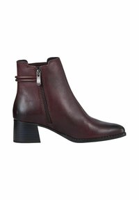 Botas de tobillo de cuero burdeos con puntera afilada y tacón de bloque de altura media. Presentan una cremallera lateral y costuras decorativas.