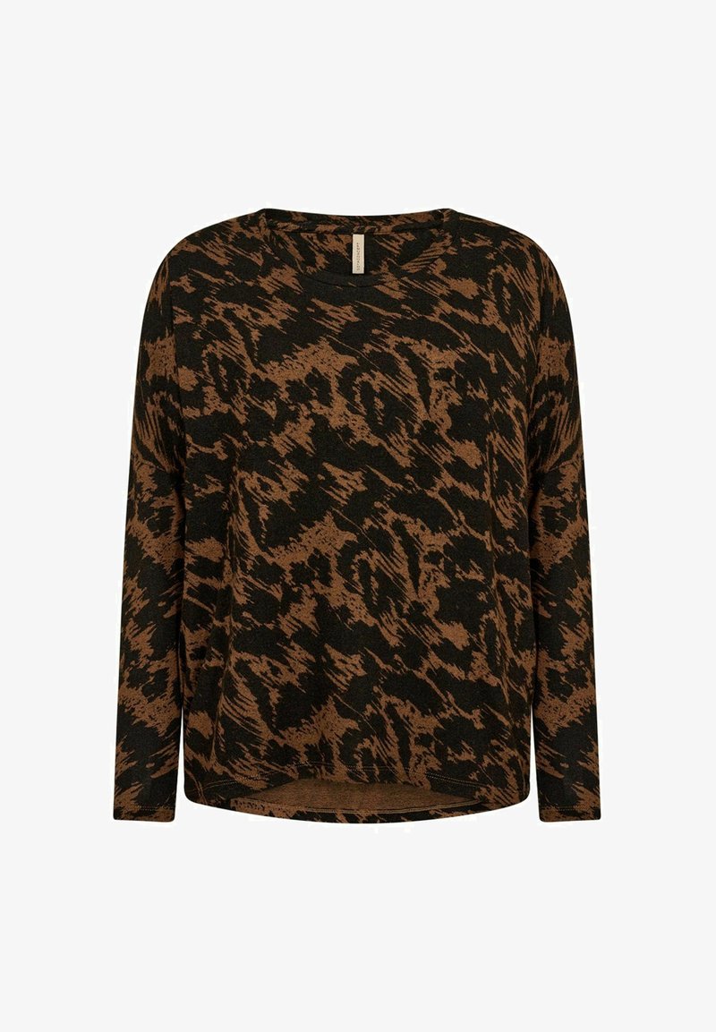 Brown and black long-sleeve top featuring a textured, abstract leopard print design. Round neckline with a relaxed fit and straight hem.
