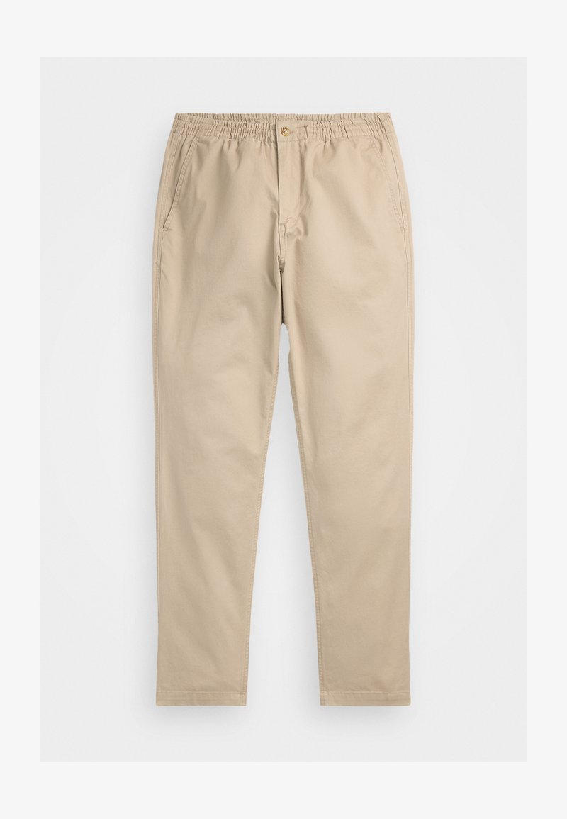 Beige cotton trousers with an elastic waistband, zip fly, side pockets, and straight-leg design. Smooth texture, minimal stitching details.
