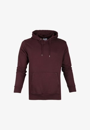 Burgundy hooded sweatshirt made of cotton blend. Features a kangaroo pocket, long sleeves, and elastic cuffs and hem.