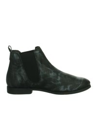 Schwarze Knöchelstiefel aus strukturiertem Synthetikmaterial, mit elastischen seitlichen Einsätzen und einer Schlaufe für ein einfaches Anziehen. Flache Sohle und abgerundete Zehenform.