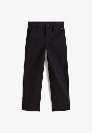 Pantalones negros de pierna recta con trabillas para cinturón, bolsillos delanteros, cierre de botones y una pequeña etiqueta de la marca Vans en el lado derecho.