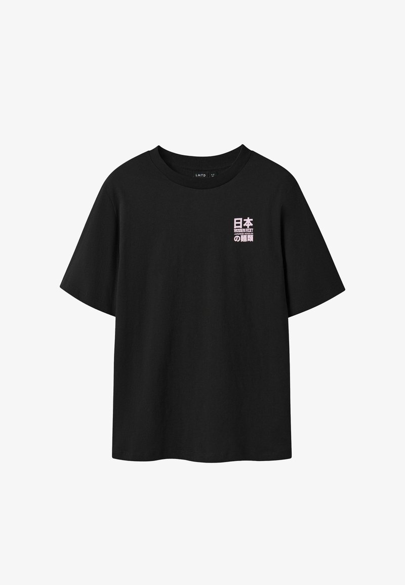 Schwarzes Baumwoll-T-Shirt mit kurzen Ärmeln, rundem Ausschnitt und rosa japanischem Text auf der linken Brust. Klassisches, locker sitzendes Design.