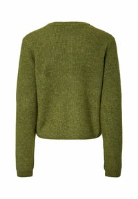 Pull en maille côtelée vert avec un col rond et des manches longues ; design court ; surface texturée avec des reflets subtils.