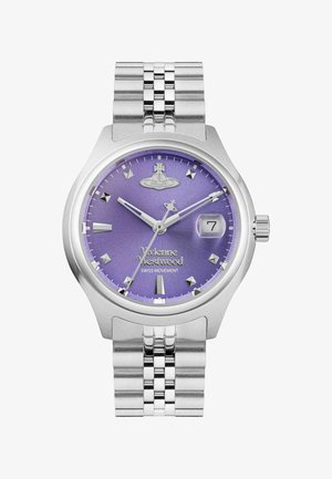 Orologio da polso Vivienne Westwood argento con quadrante viola, indici orari argento, finestra del datario alle 3 e cinturino a maglie metalliche.