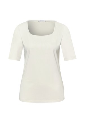 Camiseta blanca lisa de manga corta para mujer, con un amplio escote cuadrado y una etiqueta en el interior del cuello que dice "Street One".