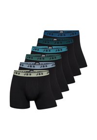Pack mit sechs schwarzen Boxershorts. Enthält kontrastierende elastische Taillenbänder in Grün, Blau und Grau mit wiederholtem "JBS"-Logo.