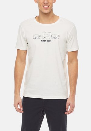 White cotton t-shirt featuring black printed polar bear illustrations and the text "THEY LIKE SUPER COOL," short sleeves, and a crew neckline.