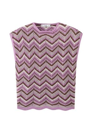 Ærmeløs strikket top med chevronmønster i nuancer af rosa, brun og hvid, med rund halsudskæring og hulmønster.