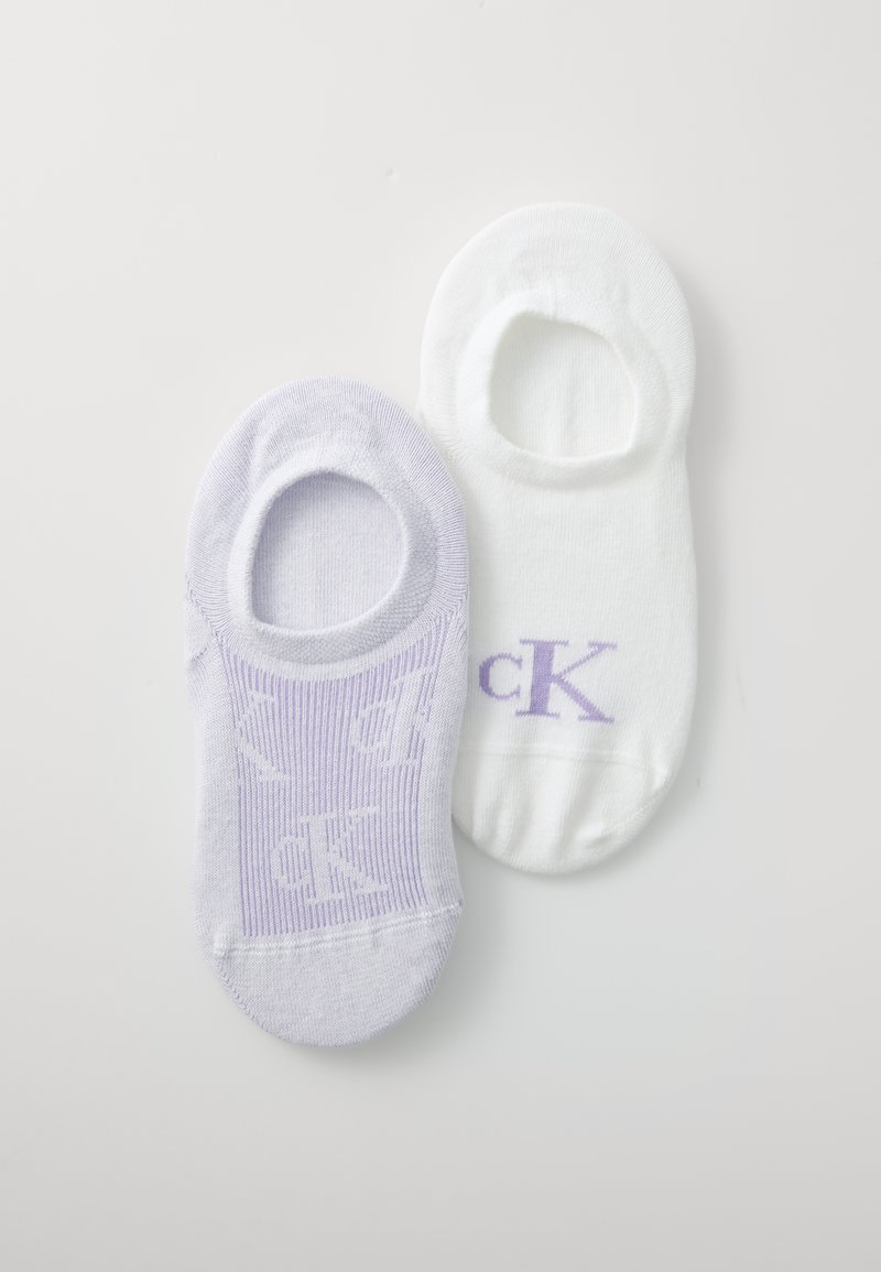 Two pairs of cotton no-show socks, one in light lavender with logo pattern, the other in white with purple logo, both with elasticized openings.