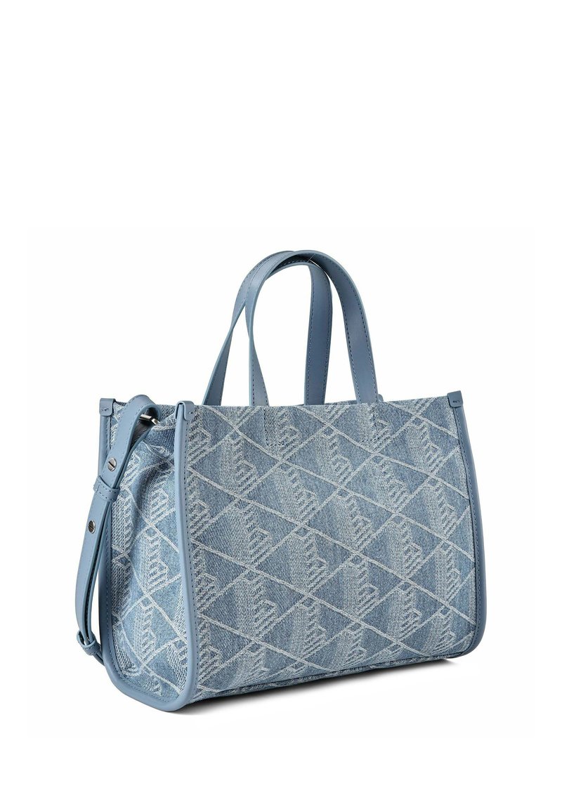 Borsa tote in denim azzurro chiaro con motivo geometrico, doppi manici superiori e tracolla regolabile.