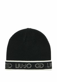 Berretto a maglia nero con coste, bordato di bianco e logo "LIU JO" abbellito da piccole paillettes lungo il risvolto.