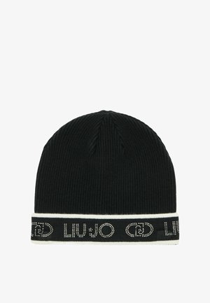 Beanie en tricot noir à côtes avec finition blanche et logo "LIU JO" orné de petites strass autour de l'ourlet.